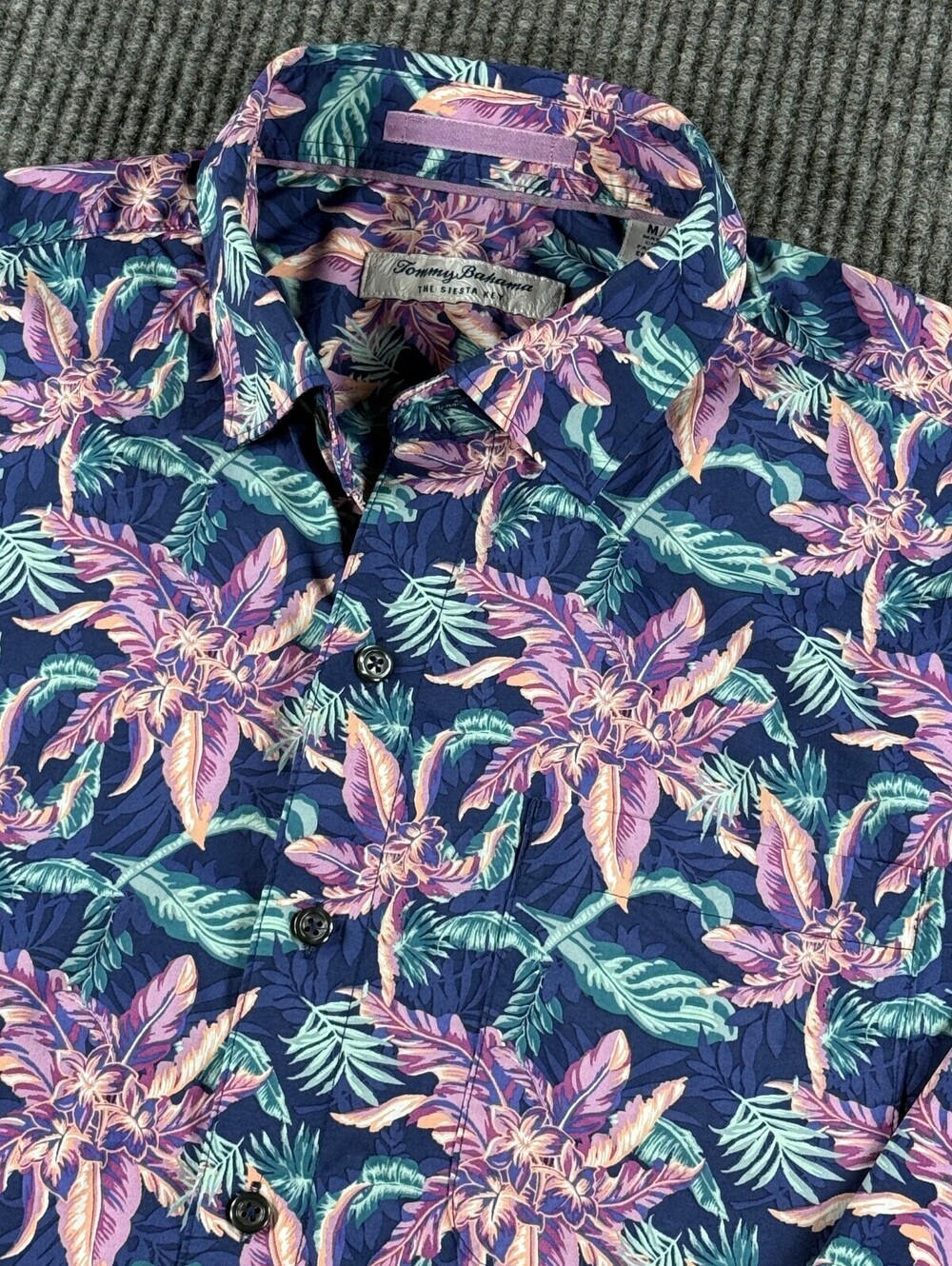 Tommy Bahama Siesta Key Button Up Mens M Navy Purple Floral Long Sleeve Stretch